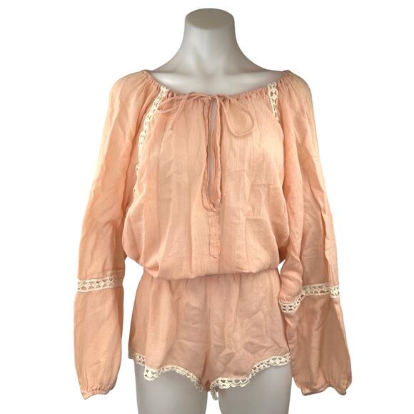 Eberjey Summer Of Love Orange Tie Neck Long Sleeve Lace Trim Jumpsuit Romper M - Picture 1 of 4